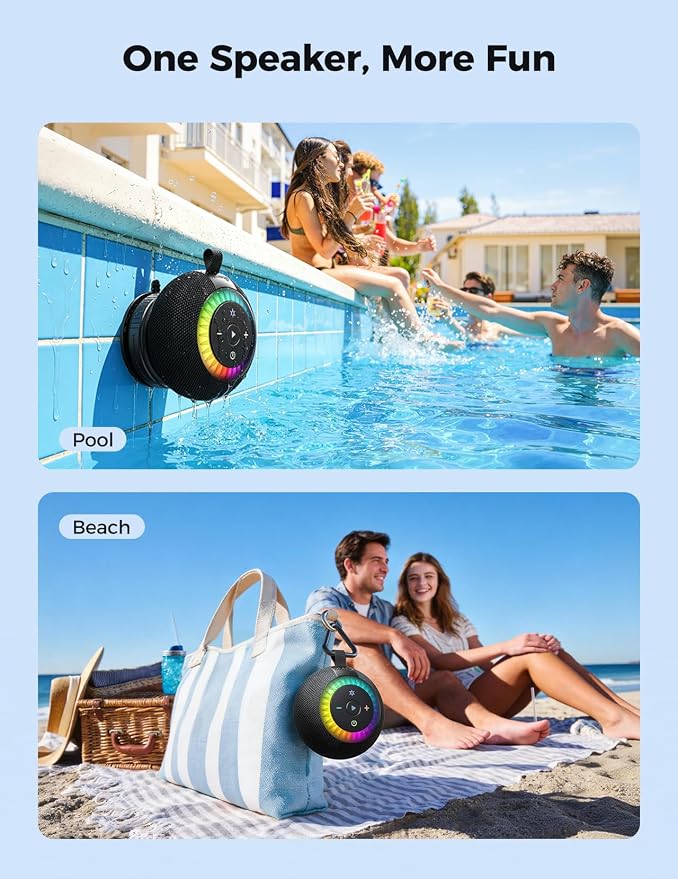 Bluetooth Shower Speaker Waterproof IPX7: Removable Vacuum-Lock Suction Cup, 360° Surround Sound, RGB Light, Portable Wireless Speaker for Beach, Pool, Kayak, Back to School Gifts for Adult Teen-Black