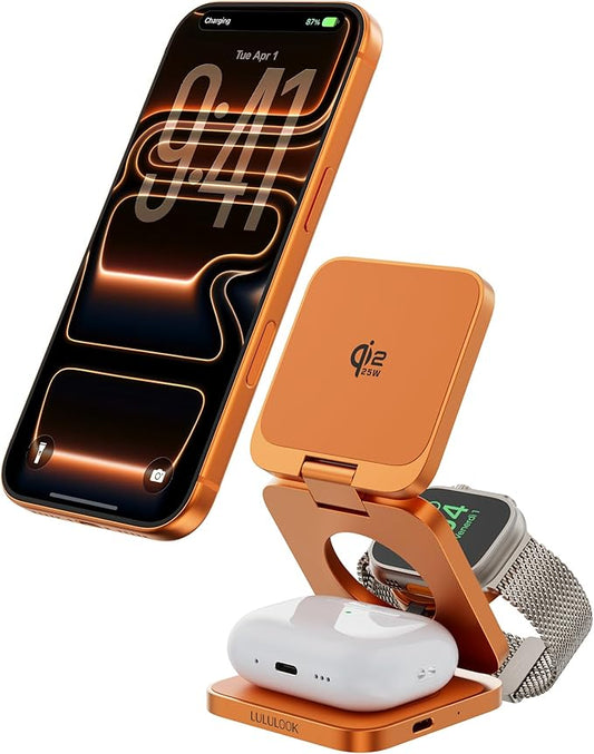 3 in 1 Charging Station for Apple - Qi2.2 25W Magnetic Wireless Charger for iPhone 17/16-12, Apple Watch, AirPods, Travel Fast Charging Foldable Stand with 45W GaN Adapter, Aluminum Alloy Design