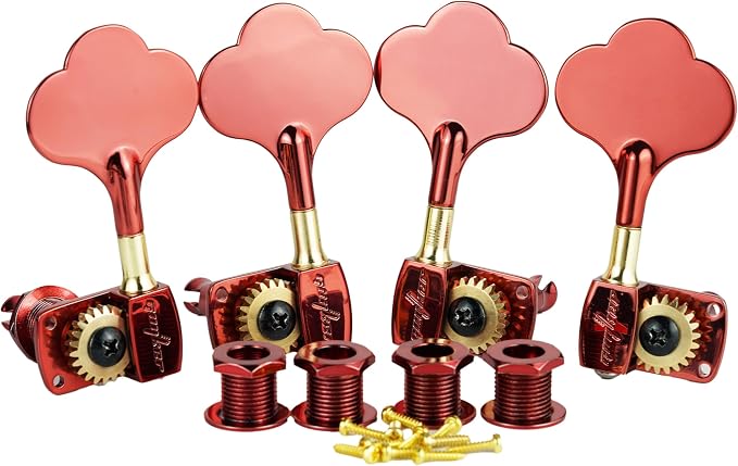 Guyker Bass Tuners (2R + 2L) - 1:22 Ratio Gear Open Frame Bass Drop Locking Machine Head Tuning Key Pegs Replacement for Electric Jazz Guitar Bass or Precision Instruments, BB100 Red