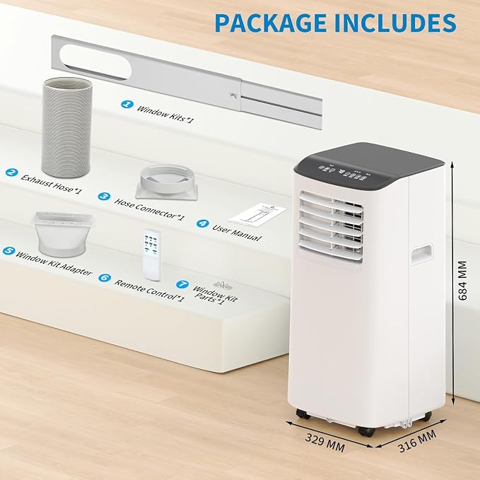 8000 BTU Portable Air Conditioners, 3-in-1 Portable AC Unit with Cool, Dehumidifier & Fan, Cools Up to 350 Sq.Ft, Remote Control, 24 Hour Timer and Window Kit, 2 Speeds for Bedroom Office