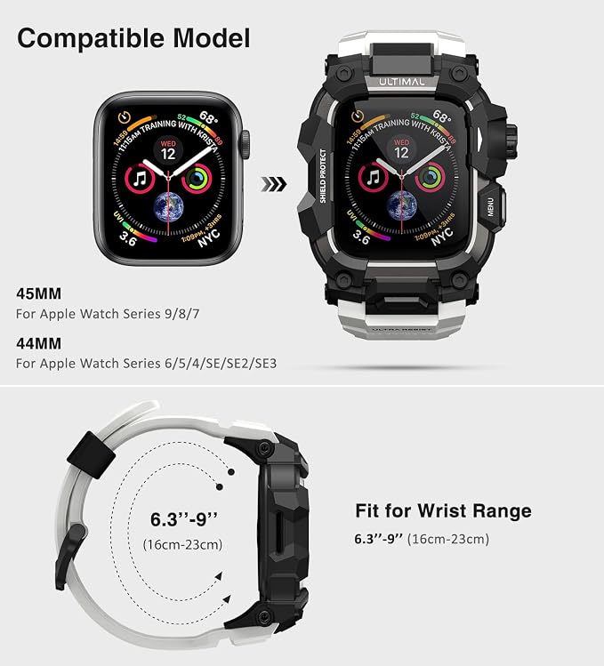 ULTIMAL Rugged Case with Band for Apple Watch 44mm,Compatible with Apple Watch Series SE 3/SE 2/SE Generation/6/5/4, Military Grade Shockproof Bumper Cover for iWatch Tactical Band Men (44mm,white)