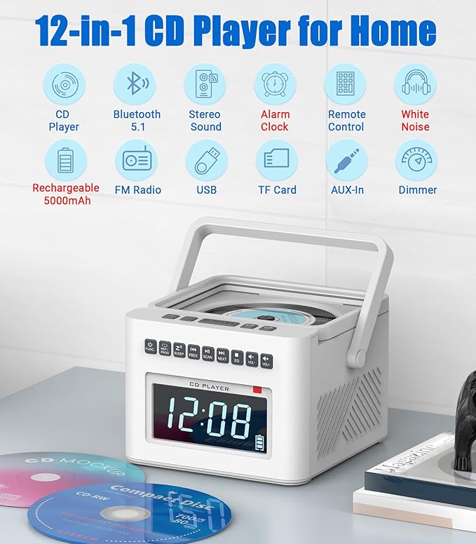 Greadio CD Player Alarm Clock Boombox with Bluetooth, 5000mAh Boombox Clock Radio with CD Player, White Noise, FM/AUX/USB/TF/Dimmer/Remote Control, Large LCD, Portable CD Radio Player for Home (White)