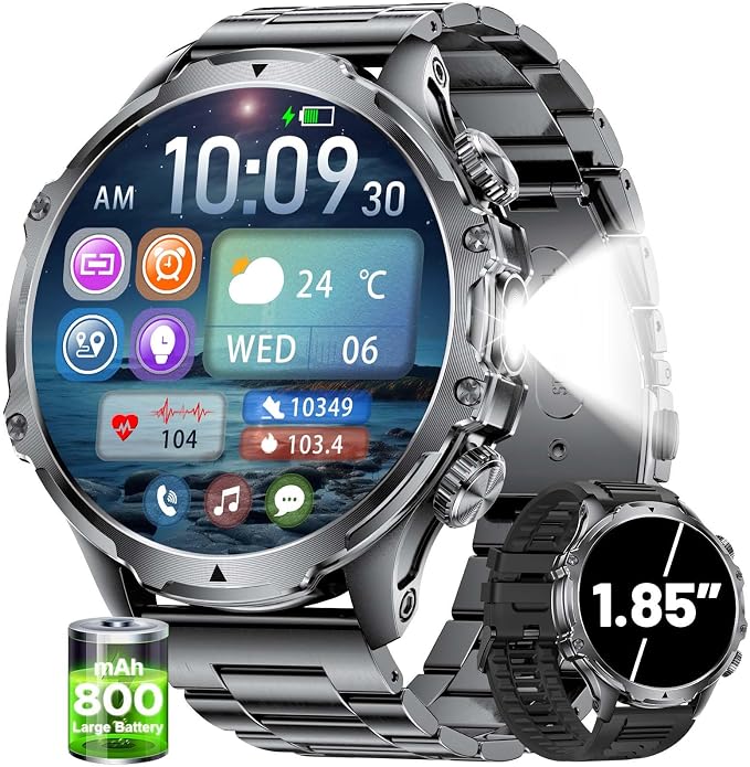 Militrary Smart Watch for Men,1.85" HD/800mAh Battery Smart watches for Android/iOS (Bluetooth Call Answer/Calls)Fitness Tracker,100+ Sports/LED Flashlight/IP68 Waterproof/Sleep Tracker Smartwatch