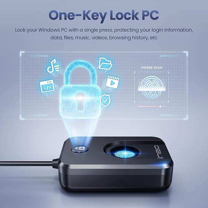 ineo USB Fingerprint Reader for Windows 10/11, Windows Hello, One-Touch Login & Screen Lock, Plug & Play, Password-Free, 5ft Cable [Not for Mac]