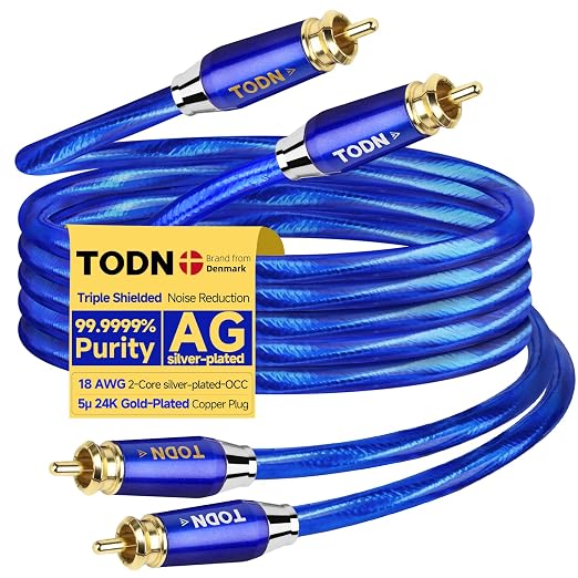 TODN 6.5ft HiFi RCA Cables with Silver-Plated-OCC Core and Triple Shielded | Treble Resolution, Noise Reduction, RCA Male to RCA Male, 24K Gold-plated Plug, Left and Right Channel