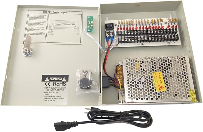 Evertech 16 Channel 12 Volt DC Output CCTV Distributed Power Supply Box for Security Camera with 18 Pcs. DC Male Pigtail