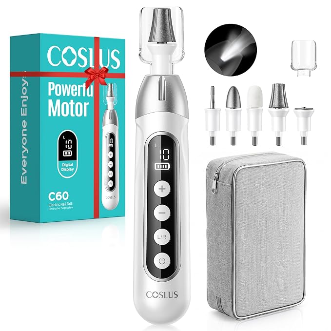COSLUS C60 Professional Pedicure Manicure Kit: Cordless Electric Nail File with 10 Speed & LCD Display, Thick Toe Nail Grinder for Hand Feet, Remove Cuticles, Callus for Men Women Seniors, Home Salon