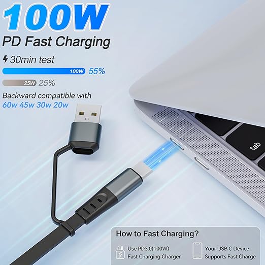 Multi Charging Cable for Samsung & Apple Devices - 100W Retractable USB-C to Lightning Fast Charger, Compatible with iPhone, iPad, Galaxy Watch 7/6