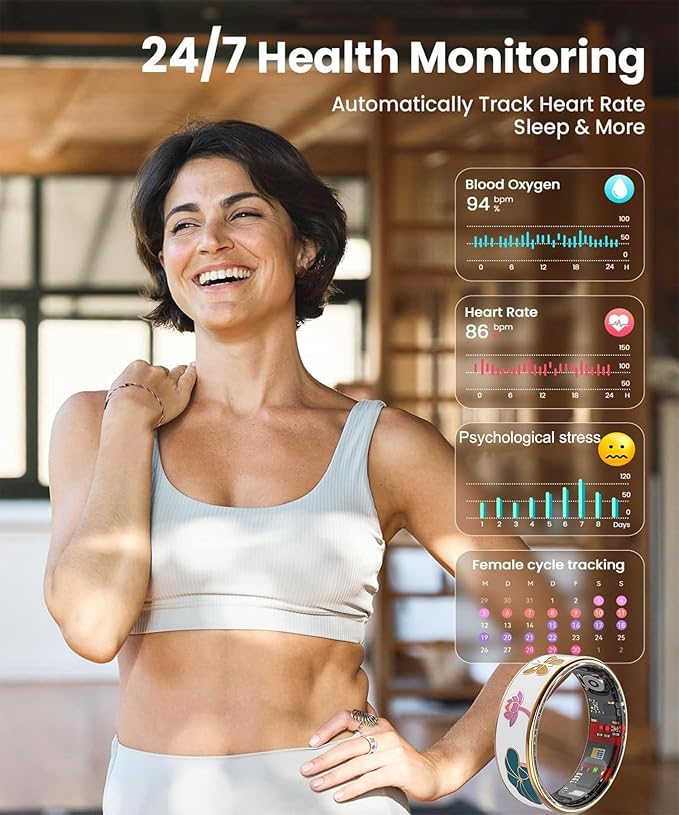Smart Ring for Women Fitness Tracker with Heart Rate Blood Oxygen Menstrual Cycle Sleep Monitoring Step Counting IP68 Waterproof for iOS and Android No Subscription Fee (12#)