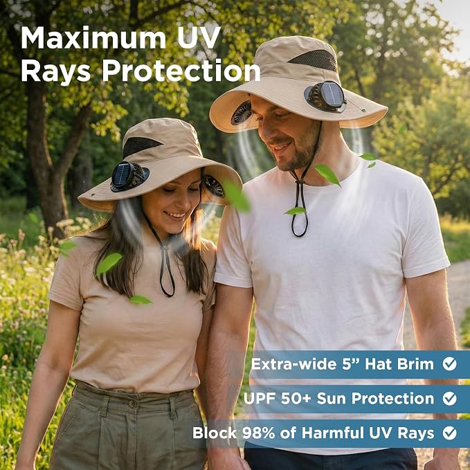 Portable Fan with Solar Fan Hat 2-in-1 Combo, Wide Brim UPF 50+ Sun Hat with Detachable 4-Speed Neck/Waist Fan, LED Light for Camping Hiking Fishing Outdoor