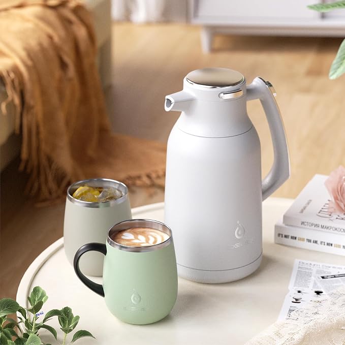 IDEUS Thermal Coffee Carafe, Stainless Steel Double Wall Insulated Vacuum Flask, Water Jug Coffee Server and Beverage Dispenser, Heat and Cold Retention (White, 68, Fluid Ounces)