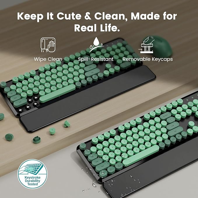 Wireless Keyboard and Mouse Combo with Magnetic Wrist Rest, Round Keycaps, Full-Size Retro Typewriter-Style Keyboard, Tilt Legs, Auto-Sleep, 2.4GHz Wireless for Windows PC Laptop, Forest Green & Black
