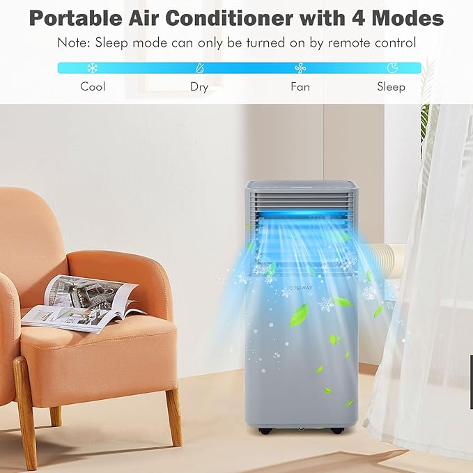 COSTWAY Portable Air Conditioners, 8000 BTU Portable AC Unit with Remote Control, Cooling for Room Spaces up to 230 sq.ft, with Sleep Mode, 24H Timer, Dehumidifier, Fan (8000 BTU, Grey)