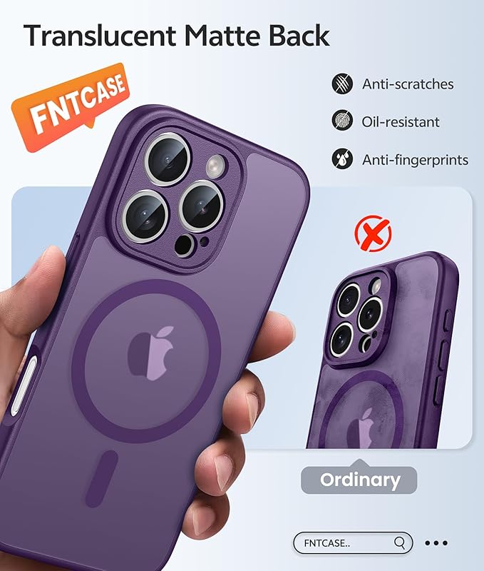 FNTCASE for iPhone 16 Pro Case: [Compatible with Magsafe] Translucent Matte Cases with [Full Camera Protection] [Screen Protector] Military Grade Shockproof Protective Phone Cover - Purple