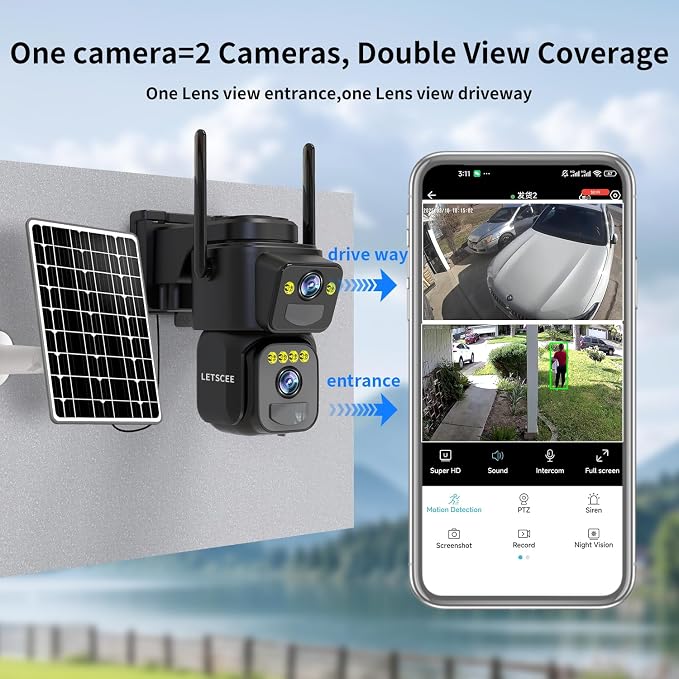 LETSCEE Dual Lens Security Cameras Wireless Outdoor，Solar Cameras for Home Security，Motion Detection,Night Vision,No Month Fee,IP65 Water Proof