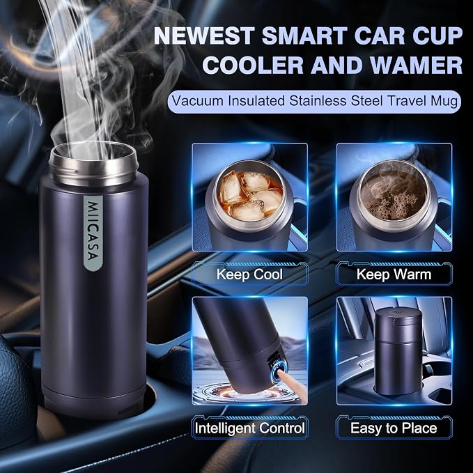 Vacuum Insulated Car Electric Kettle,Miicasa Stainless Steel Tumbler Car Water Heater,12V/24V Water Boiler with 6 Temperature and Auto Shut-Off Boil Dry,16oz