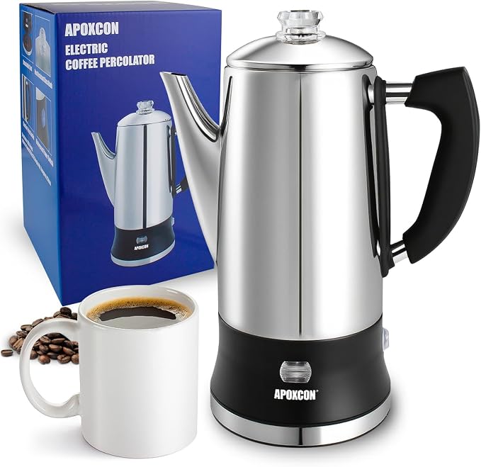 APOXCON Electric Coffee Percolator Stainless Steel Coffee Maker with Clear Brew Progress Tough Glass Knob and On/OFF Switch Classic Coffee Pot with Keep Warm & Cordless Serve No Aluminum (12 Cup)