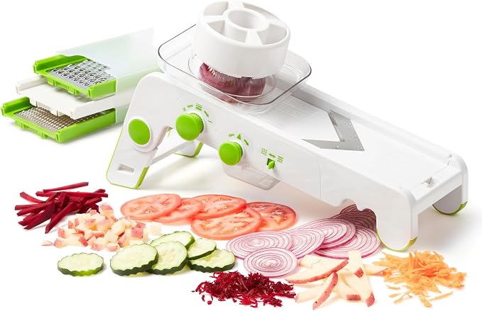 Starfrit Cubing Pro Mandoline Slicer, Dicer - 4 Blades & Graters with Storage Box - Straight & Crinkle V-Blades, Fine & Coarse Graters - 10 Thickness Settings, 3 Julienne Sizes - Self-Feeding Pusher