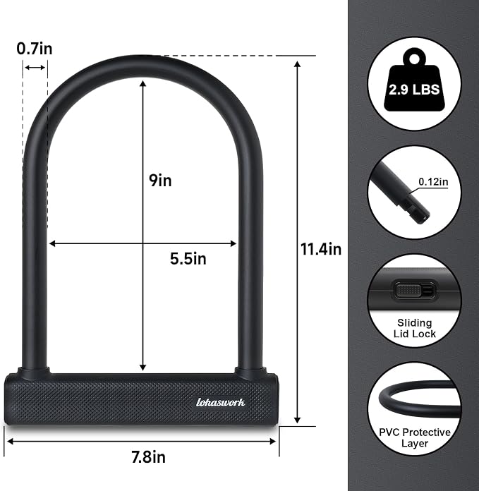 Bike Lock, Heavy Duty Anti Theft Bicycle Lock, U Lock with 6Ft Steel Cable, Locks with 3 Key & Mounting Bracket for Electric Bike Scooter Motorcycle Door Gate