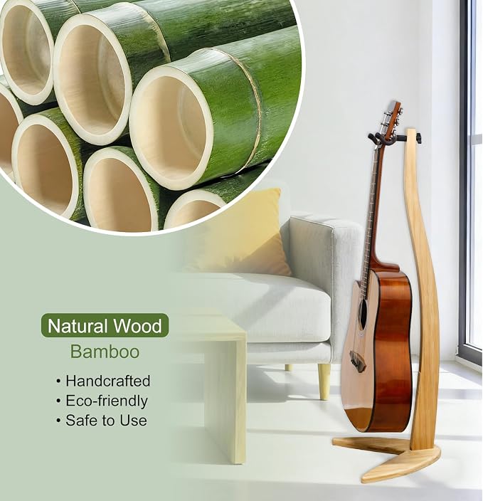 MUSO Guitar Bass Hanger Stand, Solid Wood Bow Holder Mermaid Shaped for Display and Storage, 42 inches Height Anti-scratched and Anti-bump, Decorate Studios, Living room and Stage (Bamboo, 1)
