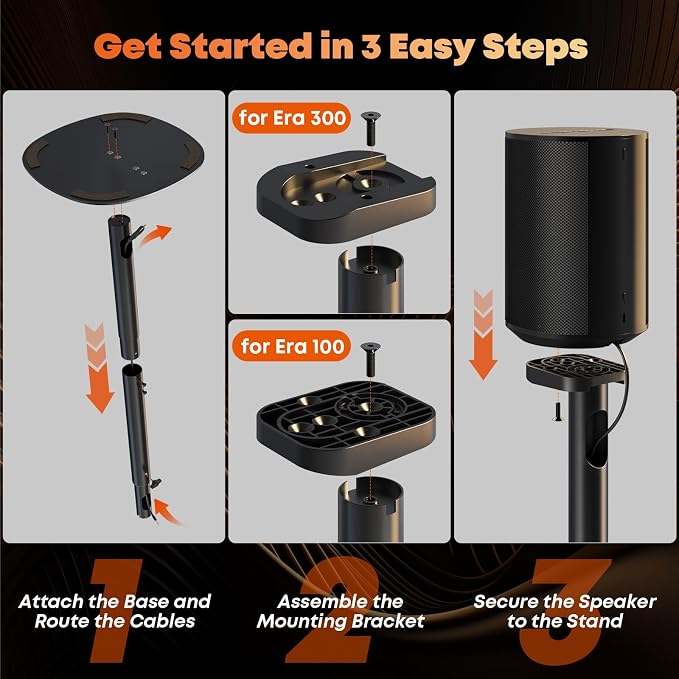 Speaker Stands for Sonos Era 100 SL, Era 100 & Era 300 - Height Adjustable Floor Stands 29.1''–39'', Dual-Mount Base Design, Concealed Cable Management, 11 lbs Max Load, Pack of 2, Black