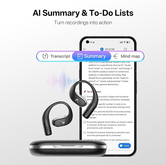 OpenNote Professional AI Note Taker Earbuds, MFi Certified Open-Ear Voice Recorder, 53H Battery, Instant Call & Meeting Recording, Live Transcription & AI Summary, IP55, Black