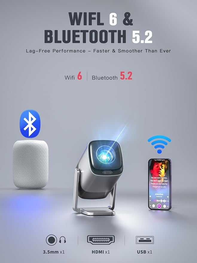 [Compatible with Netflix & TOF Real-time Focus] Mini Projector with WiFi and Bluetooth, XuanPad Silver Smart Projector 4K Support, Dolby Audio & Keystone, 210° Rotatable Stand for Home