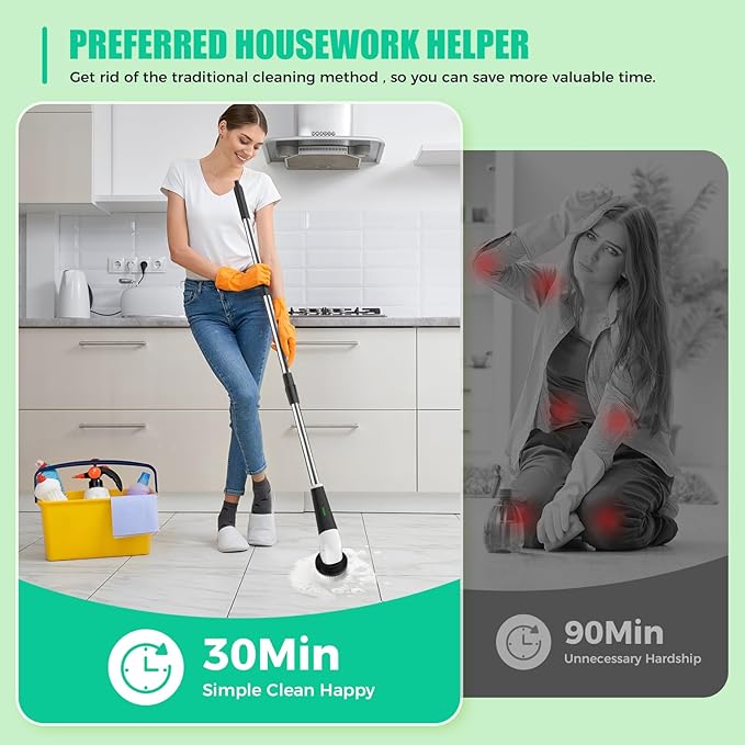 YKYI Electric Spin Scrubber, Cordless Power Scrubber Cleaning Tool with 8 Replaceable Heads and Extension Handle for Bathroom, Tub, Tile, Floor, Grout and Car (White)