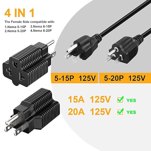 [10Pack] 4-in-1 15 Amp Household AC Plug to 20 Amp T-Blade Adapter,5-15P to 5-20R,5-15P to 6-15R,5-15P to 6-20R, 4 in 1 AC Power Adapter,15A 125V to 20A 250V Adapter,15A to Double T-Blade Adapter.
