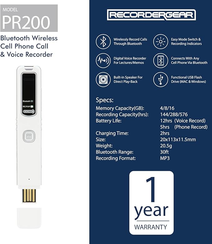 PR200 Cell Phone Call Recording Device, Bluetooth Enabled, iPhone and Android Mobile Recorder