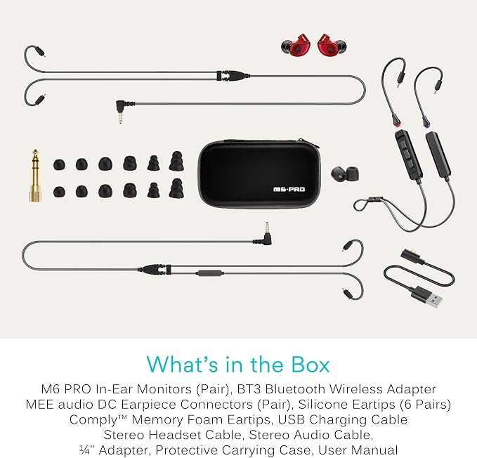 MEE audio M6 PRO Musicians' in-Ear Monitors Wired + Wireless Combo Pack: Includes IEMs, 2 Audio Cables and BT3 Hi-Res Bluetooth Audio Adapter w/aptX, LDAC, Auracast Support, & Built-in Headset (Red)