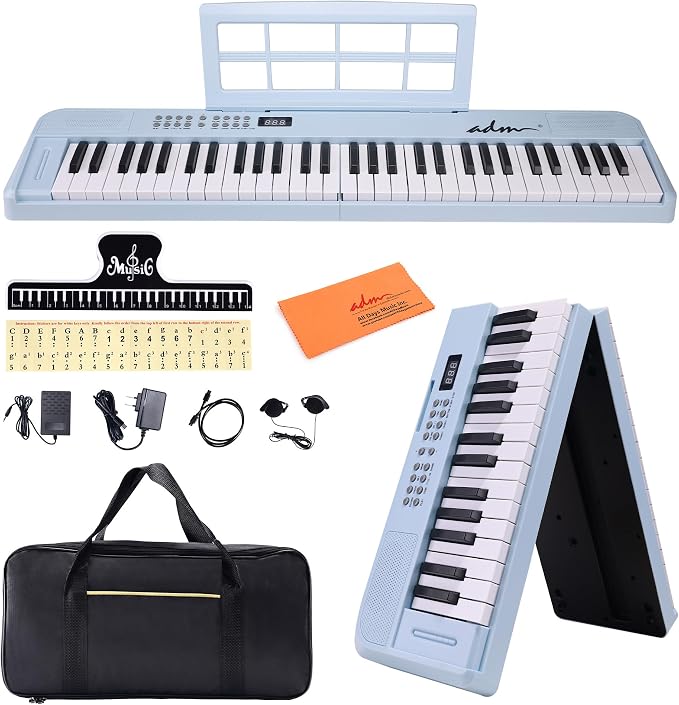 ADM 61 Key Folding Electric Piano Keyboard, Foldable Piano Electronic Keyboard, Wireless 128 Tones, 128 Rhythms Includes Pedal, Gig Bag, Headphones for Beginners, Students, Adults (Blue)