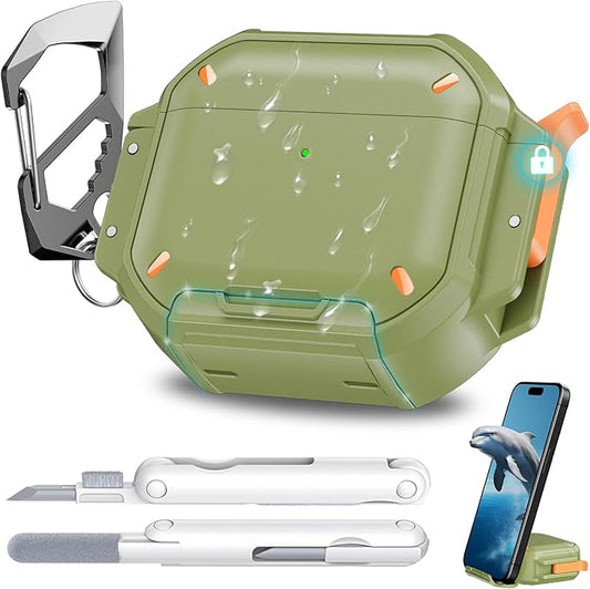 for AirPods 4 Case Waterproof[IP68 Underwater][Full Heavy Duty Protection][Supports Wireless Charging] Anti-Scratch Hard Shell Cover for AirPods 4rd Gen Cleaner Kit&Carabiner (Green)