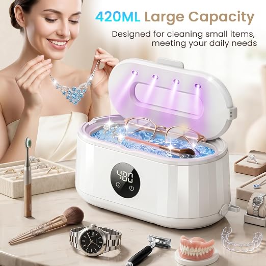 Ultrasonic Jewelry Cleaner, 50kHz Ultrasonic Cleaner Machine for Jewelry, Eyeglass, Retainers,Watch Strap, Rings,420ml 304 Stainless Steel Tank, 5 Timer Modes & LED Digital Display (White)