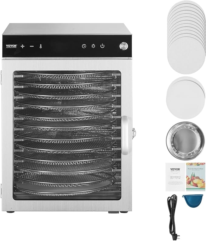 VEVOR Food Dehydrator Machine, Rotary 12 Stainless Steel Trays, 800W Electric Food Dryer with Adjustable Temp & 24-Hour Timer, Food-Dehydrator for Jerky, Meat, Fruit, Vegetables, Herbs, Dog Treats