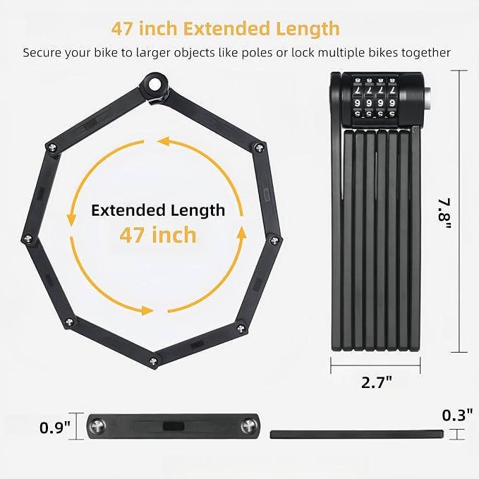 Folding Bike Lock, 4-Digit Combination Heavy Duty Bike Lock Anti Theft, 47 Inch Thickened Alloy Steel Foldable Locks with Bracket for Ebike Bicycle Electric Scooter Motorcycle Eight Segment Folding