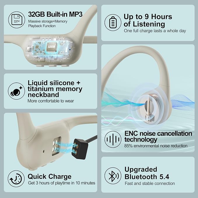 Bone Conduction Headphones IPX8 Waterproof Swimming Headphones Open Ear Headphones with MP3 Mode 32GB Memory 8H Playtime Bluetooth 5.4 Ear Buds Secure Fit for Running and Fitness (Apricot)