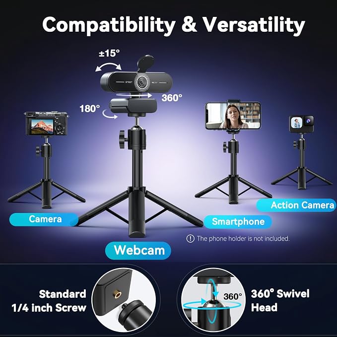 EMEET C60E 4K Webcam with Tripod, Streaming Camera with PDAF Autofocus, Dual Microphones, Auto Light Correction, 73° FOV, Plug & Play USB Webcam for Live Streaming, Gaming & Real-Time Interaction