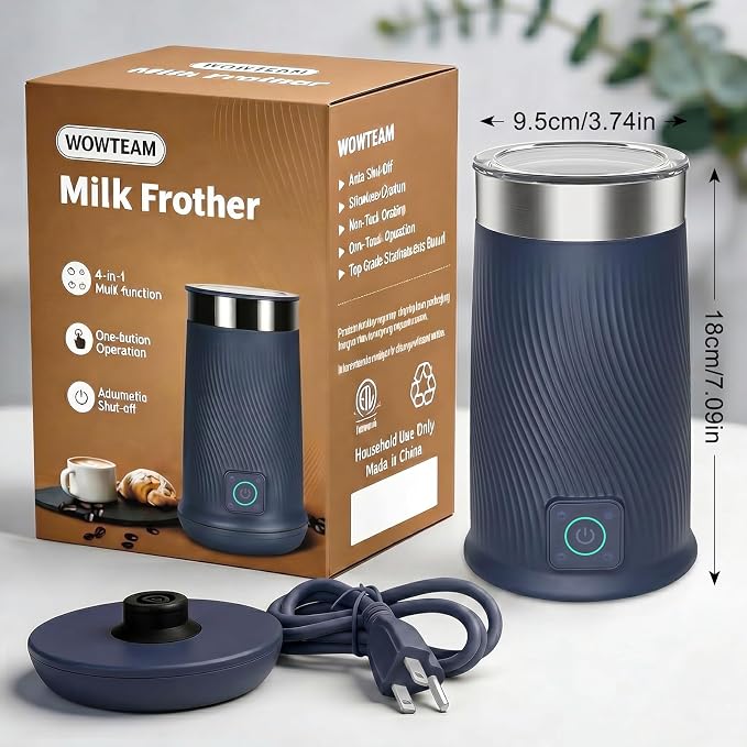 Wowteam Milk Frother, 4-in-1 Electric Milk Steamer, Warm and Cold Milk Warmer and Foam Maker for Coffee, Latte, Cappuccinos, Macchiato, 8.2oz/240ml, Stainless Steel (Blue)