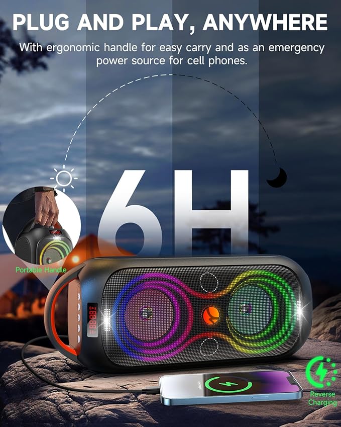 Wireless TWS Portable Bluetooth Speaker, Beat-Driven Lights, 120dB Loud Stereo Party Speaker with Bluetooth 5.3, USB/TF/AUX/FM/Mic, Built-in Carry Handle, Powerful Sound for Home,Outdoor,Party,Camping