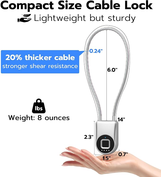 Anweller Fingerprint Cable Lock, 14" Long Shackle Small Padlock, Keyless Entry Biometric Bluetooth Smart Waterproof Combination Pad Lock for Gate Outdoor Fence Fridge Cabinet Locker Pool Bike - Silver