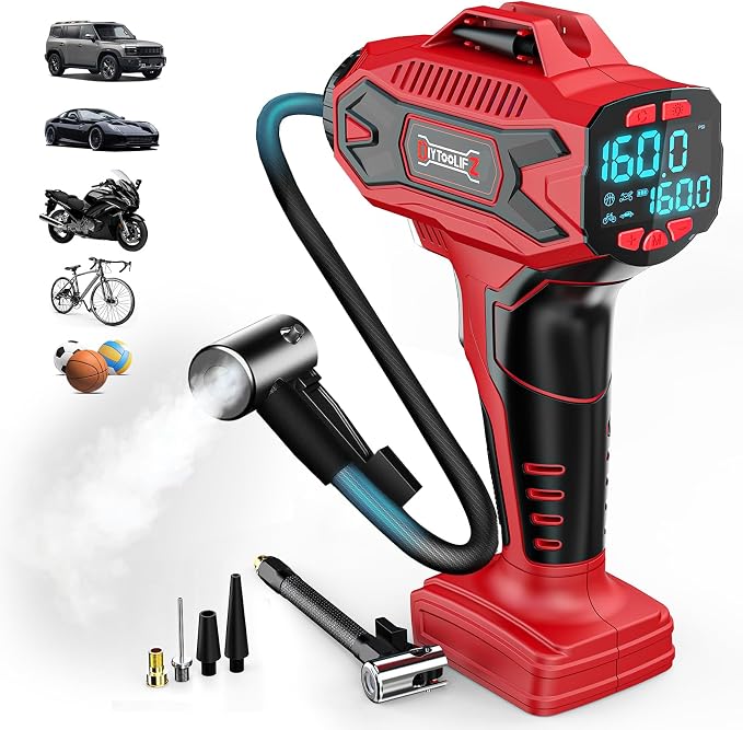 DIYtoolifz 160PSI Cordless Tire Inflator Air Compressor Compatible with Milwauke 18V Battery, Portable Air Pump with Digital Pressure Gauge, Fast Inflation for Cars Motorcycles Bikes Balls (Tool Only)