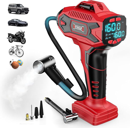 DIYtoolifz 160PSI Cordless Tire Inflator Air Compressor Compatible with Milwauke 18V Battery, Portable Air Pump with Digital Pressure Gauge, Fast Inflation for Cars Motorcycles Bikes Balls (Tool Only)