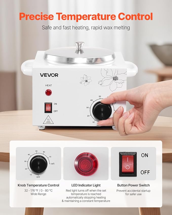 VEVOR Single Wax Warmer, 600ML Professional Wax Warmer for Hair Removal, 32 ℉ to 176℉ Adjustable Electric Waxing Heater Pot with 100PCS Waxing Sticks for Home Use, Beauty Salon, Spa