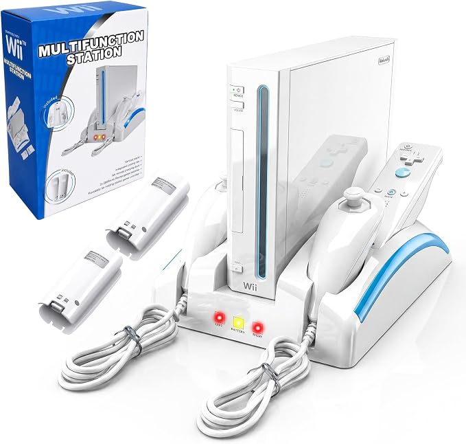 Wii Console Game Organizer Station,Wii Remote Charger Stand Base, 2 Pcs Rechargeable Battery Compatible with Nintendo Console Nunchuk Kit (White)