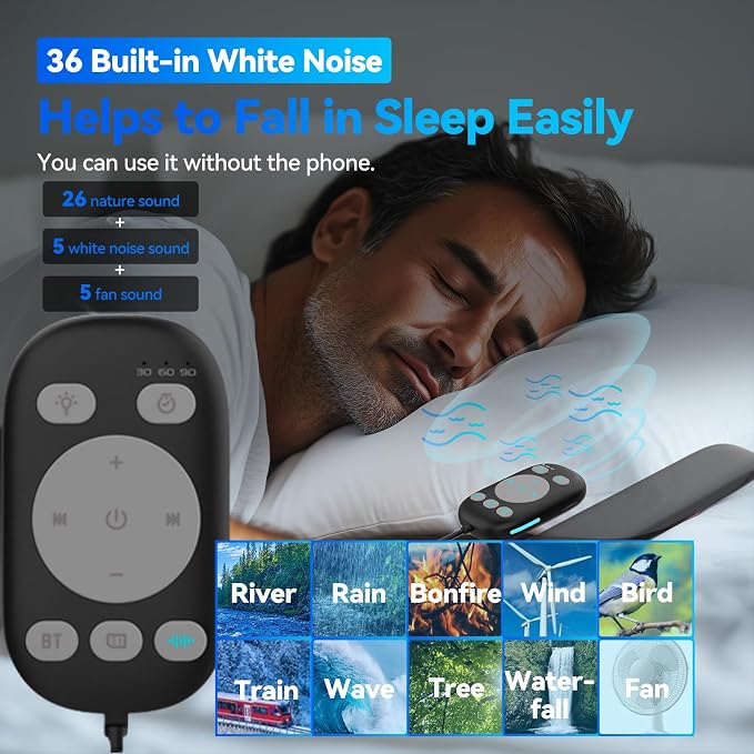 Pillow Speaker with Remote for Sleeping - Bone Conduction Speaker with 36 Built-in White Noise, Silent Bluetooth Speakers Under Pillow, Portable Sleep Bar (with TF Card, Black)