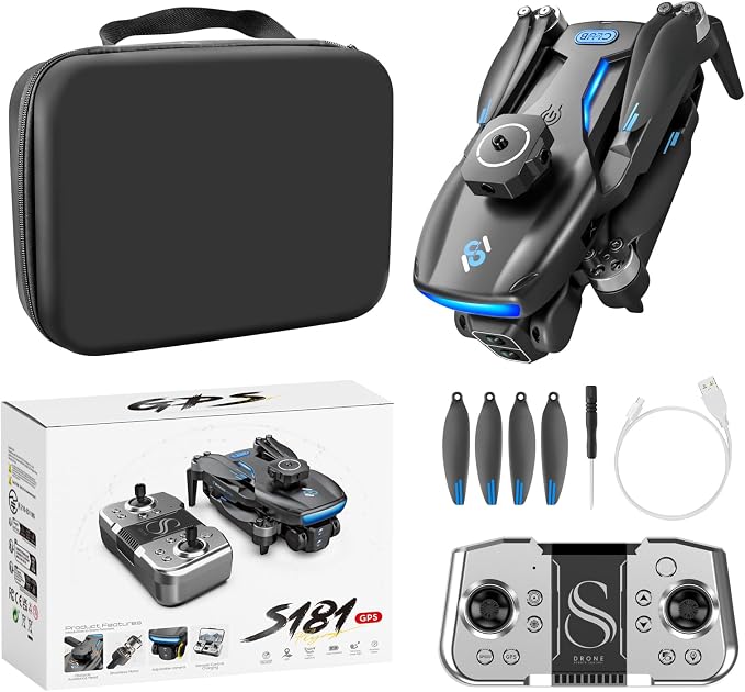ikaufen S181 Drone with Camera for Adults GPS RC Drone With 4K HD Dual Camera WiFi FPV Foldable Quadcopter Aircraft +2 Battery (S181 No screen control+ 2 Battery)