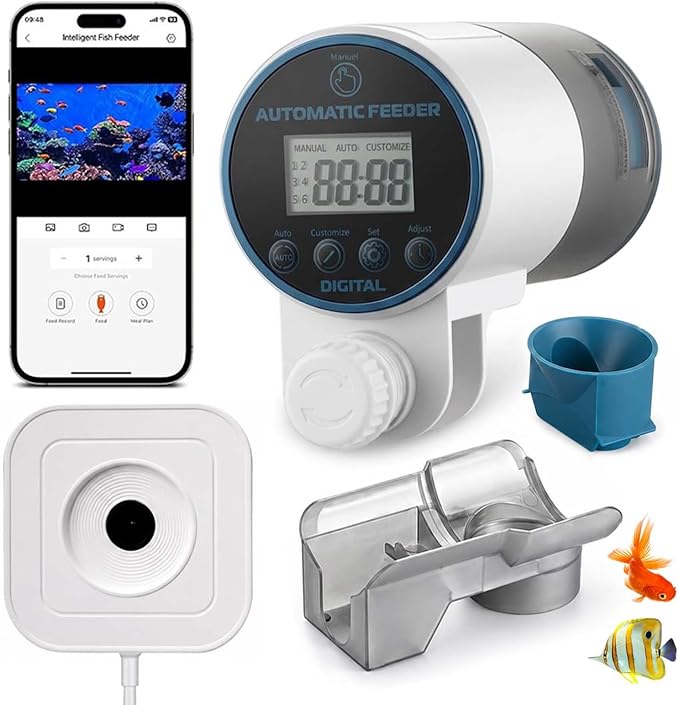 Automatic Fish Feeder, WiFi Camera with app,with Camera and Timer, Automatic Fish Feeder for Aquarium,Vacation Feeder with 230ml Large Capacity and USB Cable for Turtle Betta Koi Tank