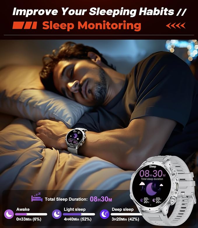 Military Smart Watch for Men, 1.85'' HD Large Screen Smartwatch, 800mAh/LED Flashlight/IP68 Waterproof/Pedometer/100+ Sports Fitness Tracker, Mens Smart Watches for Android iOS, Silvery