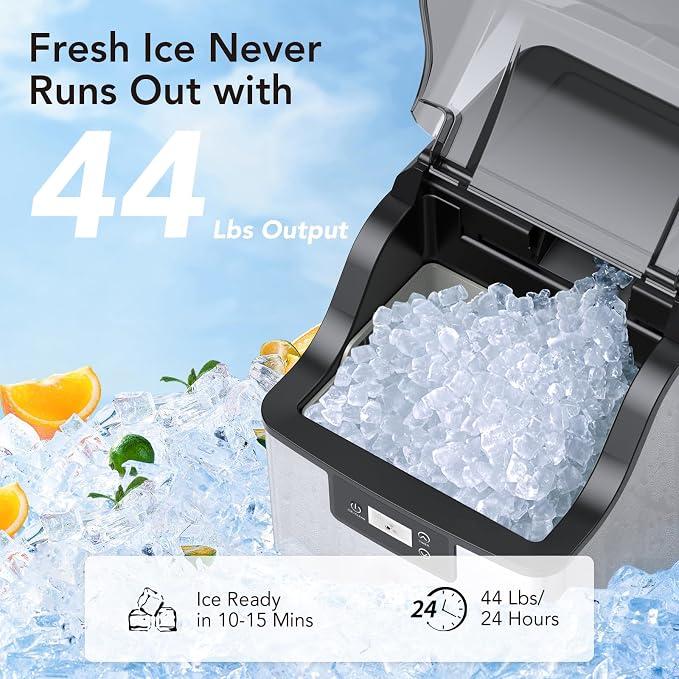 PioneerWorks Nugget Ice Makers Countertop, Portable Countertop Ice Maker Machine Self Cleaning with Pellet Soft Chewable Ice, Pebble Ice Machine for Home Kitchen Party with Ice Scoop and Basket